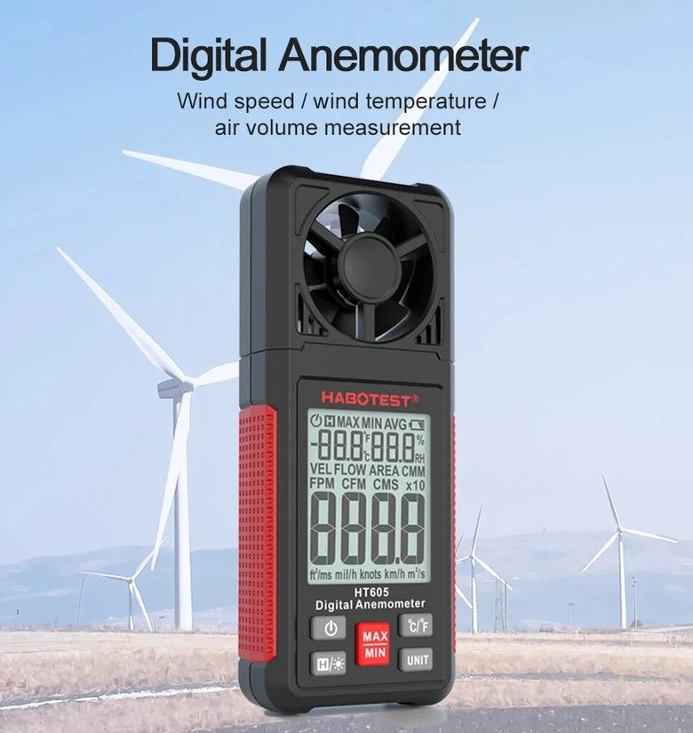 HABOTEST HT605 Digital Anemometer Portable Wind Speed Meter Windmeter LCD Backlight Display Temperature Humidity Meter