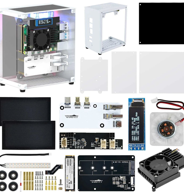 YAHBOOM Raspberry Pi 5 Case Protective Kit with Cooling Fan Chassis RGB Color Light 0.96 Screen Dispaly DIY Electronic Shell Host PCIe