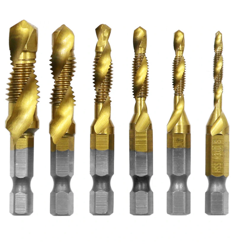 6Pcs 1/4 Inch M3-M10 Screw Tap HSS Combination Drill Tap Bit Set Hex Shank Deburr Countersink Bits