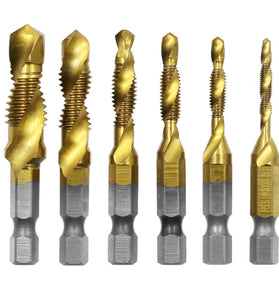 6Pcs 1/4 Inch M3-M10 Screw Tap HSS Combination Drill Tap Bit Set Hex Shank Deburr Countersink Bits