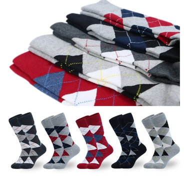 5 Pairs Men's Dress Crew Socks Fashion Colorful Gentleman's Socks Comfy Cotton Long Socks, Argyle Print Vintage Socks Casual Socks Plus Size