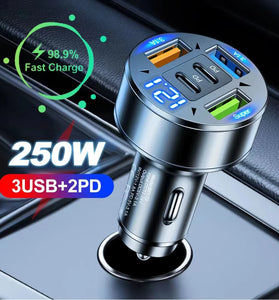 JMG 250W 5-Port USB PD Car Charger Adapter 3USB-A+2USB-C PD QC3.0 Fast Charging with Blue LED Digital Display for iPhone 16 16 Pro 15 14 13 Pro Max for Samsung Galaxy S25 Ultra for Huawei Pura X for Xiaomi 15pro