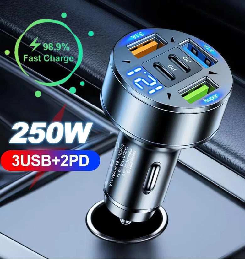 JMG 250W 5-Port USB PD Car Charger Adapter 3USB-A+2USB-C PD QC3.0 Fast Charging with Blue LED Digital Display for iPhone 16 16 Pro 15 14 13 Pro Max for Samsung Galaxy S25 Ultra for Huawei Pura X for Xiaomi 15pro