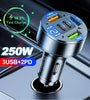JMG 250W 5-Port USB PD Car Charger Adapter 3USB-A+2USB-C PD QC3.0 Fast Charging with Blue LED Digital Display for iPhone 16 16 Pro 15 14 13 Pro Max for Samsung Galaxy S25 Ultra for Huawei Pura X for Xiaomi 15pro
