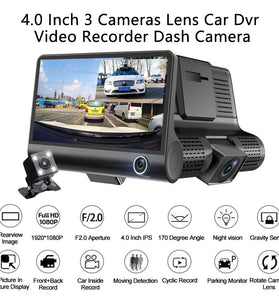 4 Inch 3 Channel Dash Cam Full HD 1080P Front Rear Interior Car Camera Night Vision 170 Degree Wide Angle G-Sensor Loop Recording Parking Monitor