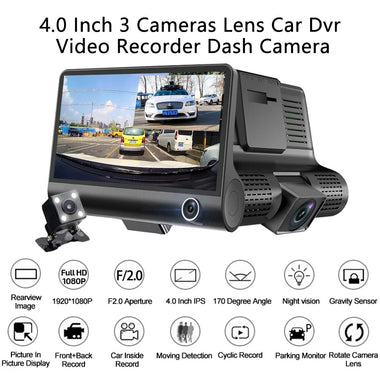 4 Inch 3 Channel Dash Cam Full HD 1080P Front Rear Interior Car Camera Night Vision 170 Degree Wide Angle G-Sensor Loop Recording Parking Monitor