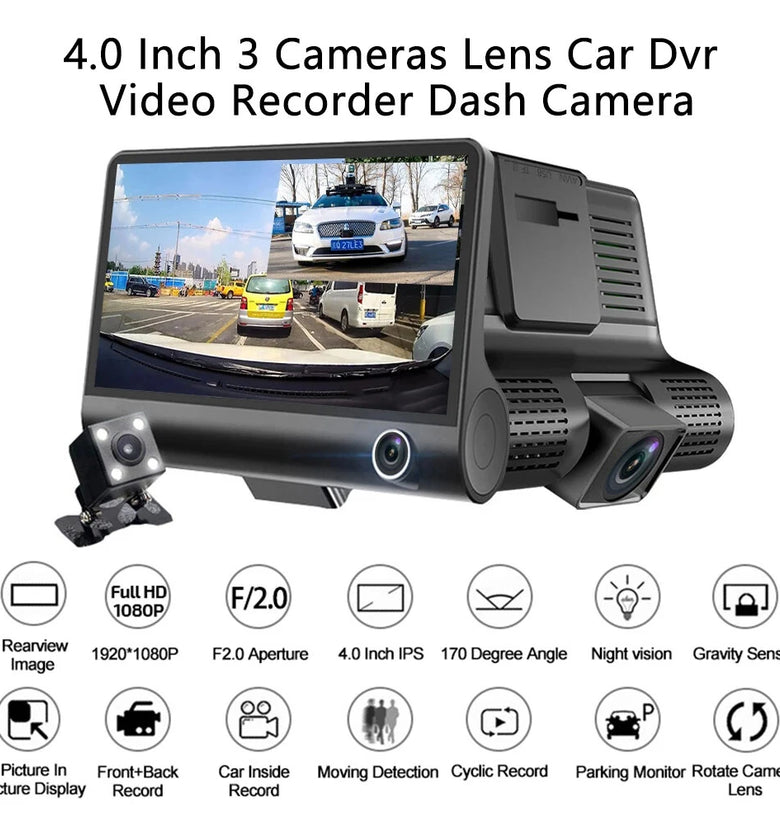 4 Inch 3 Channel Dash Cam Full HD 1080P Front Rear Interior Car Camera Night Vision 170 Degree Wide Angle G-Sensor Loop Recording Parking Monitor