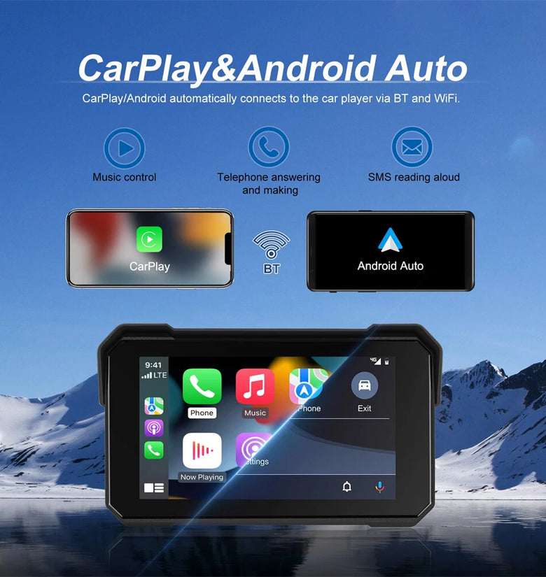 5''IPS Screen Motorcycle Carplay Android Auto Brightness Adjustment IP68 Waterproof Bluetooth 5.0 Smart Screen Player