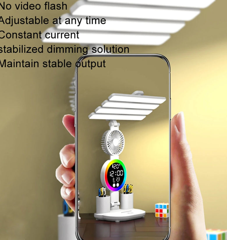 4-Head Table Lamp With RGB Ambient Light & Clock Time Date Display Pen Holder Desk Lamp Reading Light