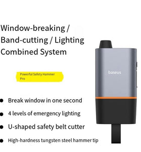 Baseus 3 in 1 Car Safety Hammer U-shaped Emergency Auto Escape Seat Belt Cutter Window Class Break with SOS LED Lamp