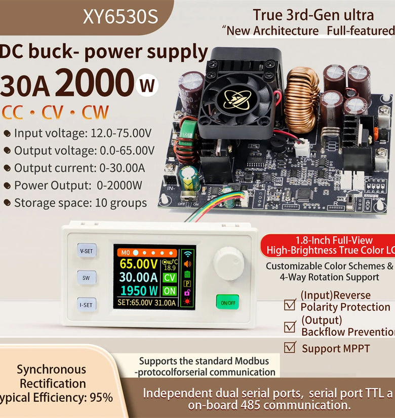 Sinilink XY6530S CNC DC Buck Power Supply 2000W Adjustable Constant 0-65V 0-30A High Power LCD Screen Solar MPPT Charging Protection