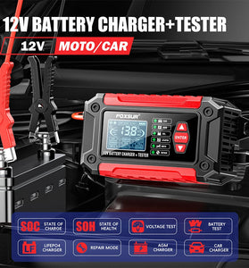 FOXUR FTC-1206 Car Battery Charger Tester with Comprehensive Health Check Precise Test Range 4AH-200AH Pulse Repair Function User-Friendly LCD Screen Safe AC to DC Charging Protection