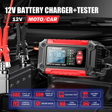 FOXUR FTC-1206 Car Battery Charger Tester with Comprehensive Health Check Precise Test Range 4AH-200AH Pulse Repair Function User-Friendly LCD Screen Safe AC to DC Charging Protection