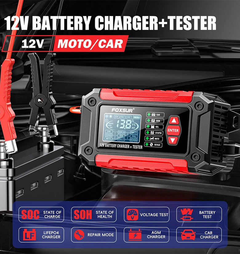 FOXUR FTC-1206 Car Battery Charger Tester with Comprehensive Health Check Precise Test Range 4AH-200AH Pulse Repair Function User-Friendly LCD Screen Safe AC to DC Charging Protection