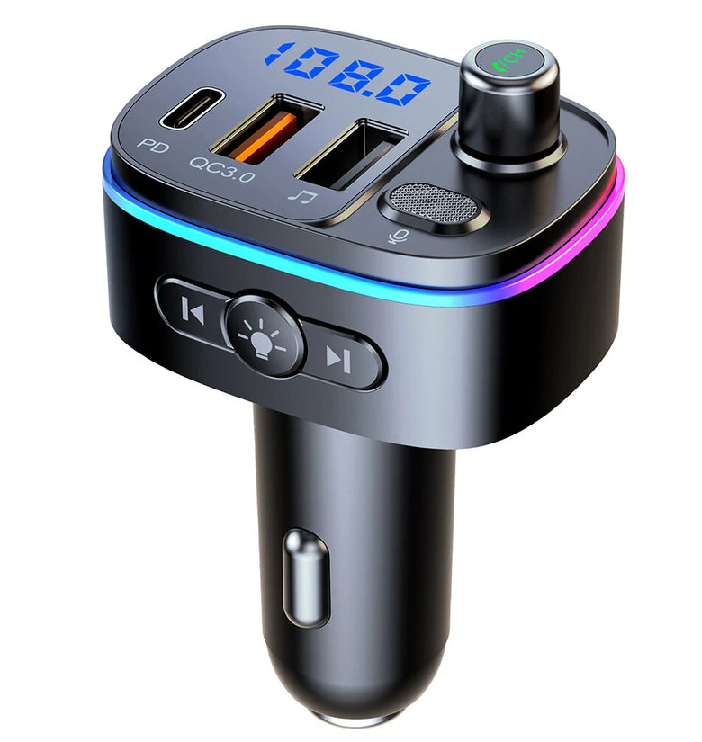 T65 bluetooth V5.0 FM Transmitter 18W PD + QC3.0 USB Car Charger 9 Colors Atmosphere Lights Siri Voice Control Hands-free Calls Digital Display Wireless Radio Adapter Music Play Car Kit