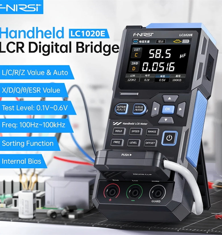 FNIRSI LC1020E Handheld LCR Bridge Tester 100Hz to 100kHz Precision Frequency Auto Calibration Dual Parameter Display USB Type-C Accurate Capacitance Resistance Inductance Measurement Tool