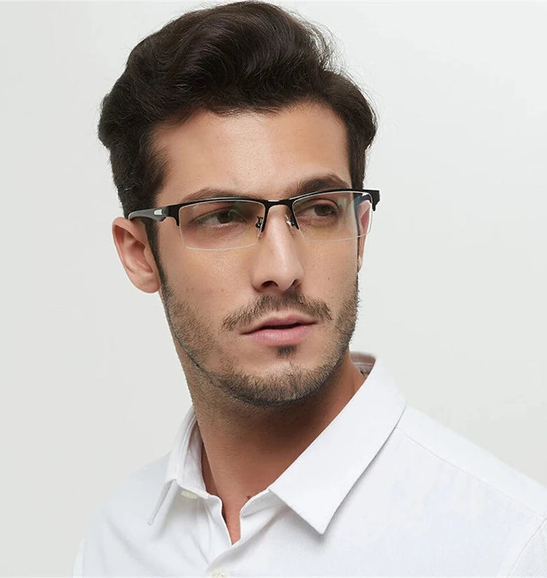 Anti-blue Light Ultra-light Mens Business Half Rimless Reading Glasses Metal Rectangular Presbyopia Glasses Classic Readers