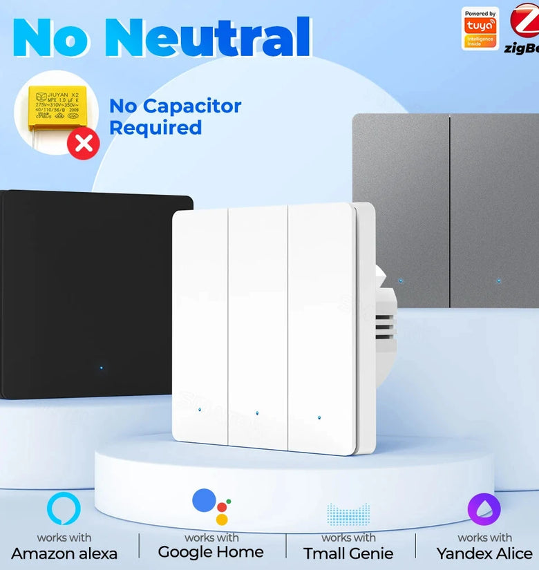 Tuya Zigbe Smart Light Switch Wall Button Switch No Neutral Wire No Capacitor Needed Smart Life APP Voice Remote Control with Alexa Google Home