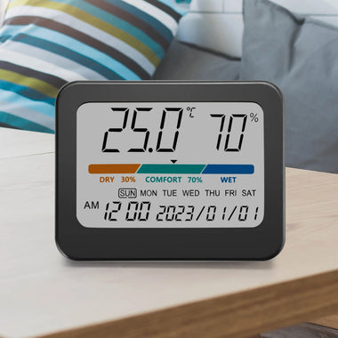 323 Multifunctional Indoor Thermometer with Humidity Gauge Accurate Readings Comfort Indicator Time Date and Week Display Powered by CR2032 Batteries