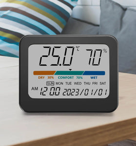 323 Multifunctional Indoor Thermometer with Humidity Gauge Accurate Readings Comfort Indicator Time Date and Week Display Powered by CR2032 Batteries
