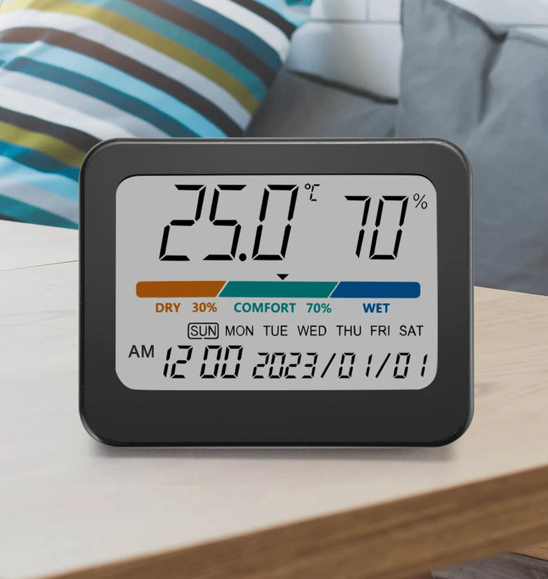 323 Multifunctional Indoor Thermometer with Humidity Gauge Accurate Readings Comfort Indicator Time Date and Week Display Powered by CR2032 Batteries