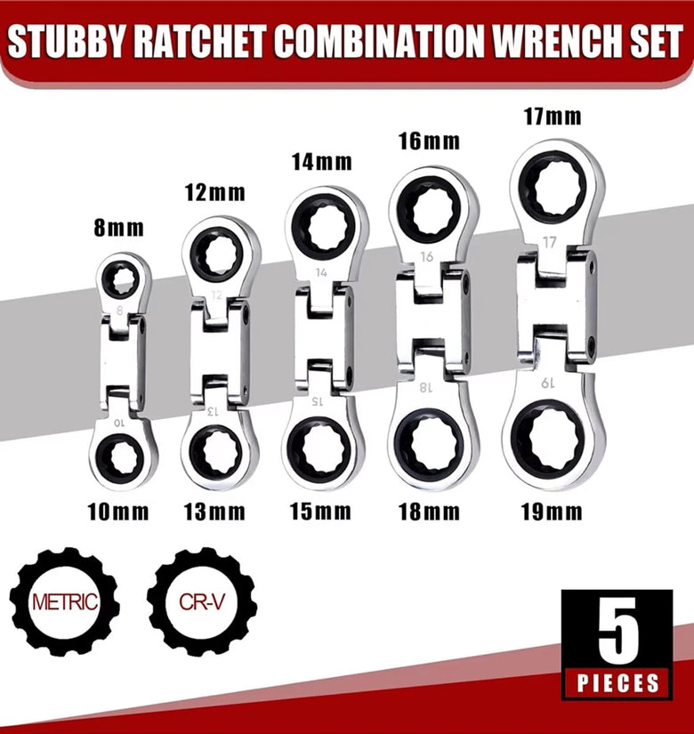 5-Piece Flex-Head Stubby Ratcheting Combination Wrench Set Mini Wrench Set Double Box End Flex-Head Mini Spanner Set