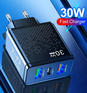 PD30W 3-Port USB PD Charger 2USB-A+USB-C PD QC3.0 Fast Charging Wall Charger Adapter EU Plug US Plug for iPhone 16 16 Pro 15 14 Plus 13 12 for Xiaomi 15 pro for Huawei Mate XT for Samsung Galaxy Z Flip6