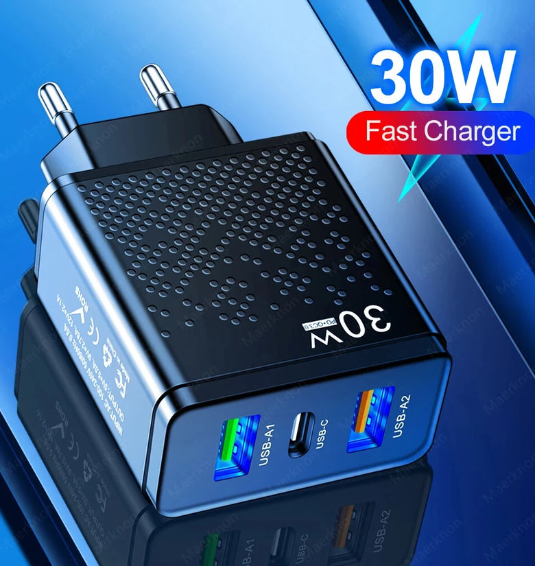 PD30W 3-Port USB PD Charger 2USB-A+USB-C PD QC3.0 Fast Charging Wall Charger Adapter EU Plug US Plug for iPhone 16 16 Pro 15 14 Plus 13 12 for Xiaomi 15 pro for Huawei Mate XT for Samsung Galaxy Z Flip6