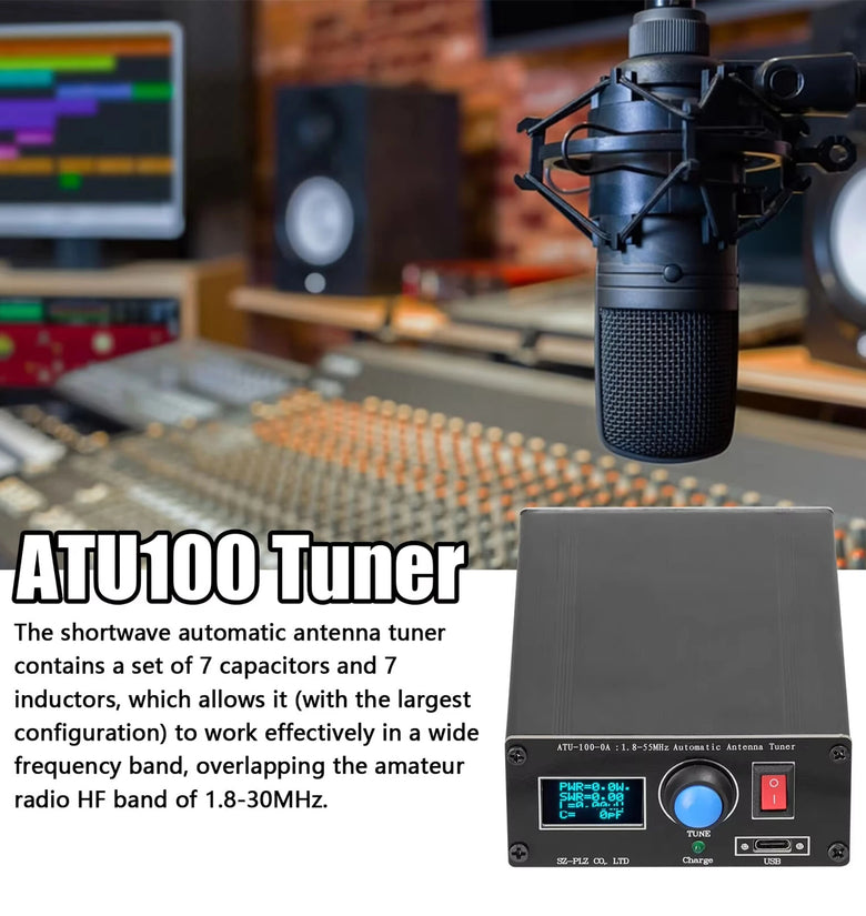 ATU-100-0A 1.8-55MHz Mini Automatic Antenna Tuner 0.91inch OLED Display Aluminum Alloy Outcase with1600MAh Battery