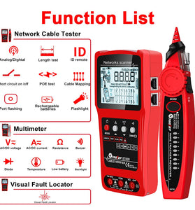 TOOLTOP 3 in 1 Network Cable Tester + Multimeter + Red Light Pen 600M Network Cable Length Measure AC DC Current Voltage Measurement Anti-noise Line Tracker With Bag ET624 ET626 ET628