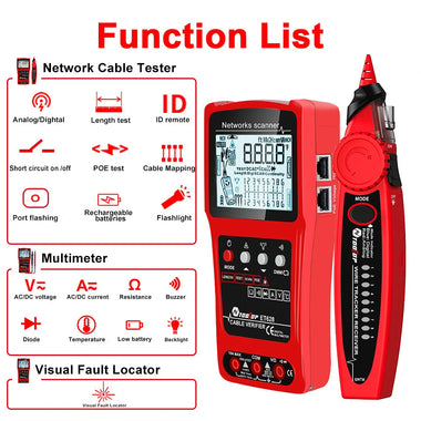 TOOLTOP 3 in 1 Network Cable Tester + Multimeter + Red Light Pen 600M Network Cable Length Measure AC DC Current Voltage Measurement Anti-noise Line Tracker With Bag ET624 ET626 ET628