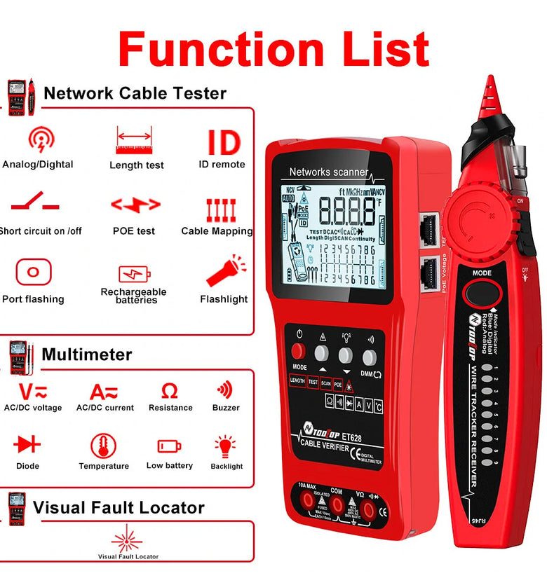 TOOLTOP 3 in 1 Network Cable Tester + Multimeter + Red Light Pen 600M Network Cable Length Measure AC DC Current Voltage Measurement Anti-noise Line Tracker With Bag ET624 ET626 ET628