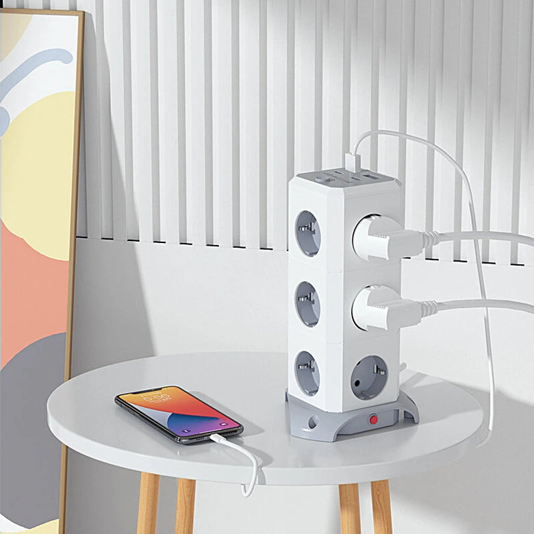 BlitzWolf BW-EC3 3-Layer Vertical Cube EU Socket Plug Power Outlet Extender with 12 AC Outlets / 2 USB-A / 2 USB-C for MacBook iPad Game Office Home