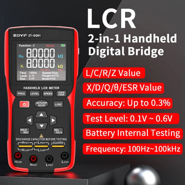 ZOYI ZT-DQ01 ZT-DQ02 Digital LCR Bridge Tester Meter Portable Handheld 0.3% Accuracy Capacitance Resistance Inductance Testing Multiple Frequencies