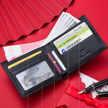 BULLCAPTAIN Men's Genuine Leather Wallet Black Cowhide Large Capacity Multi-card Folding Purse Credit Card Holder with Gift Box