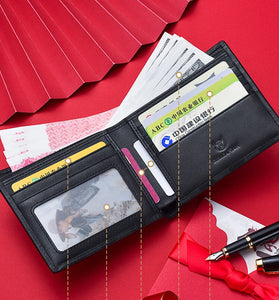 BULLCAPTAIN Men's Genuine Leather Wallet Black Cowhide Large Capacity Multi-card Folding Purse Credit Card Holder with Gift Box