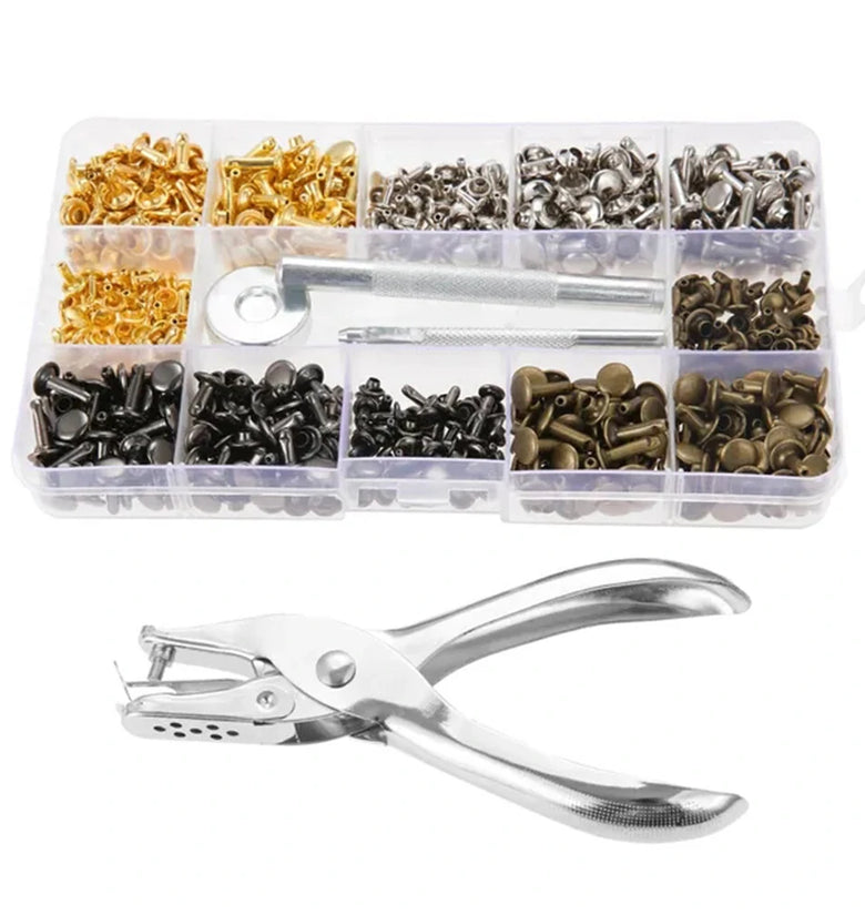 360Pcs/Set Leather Rivets Double Cap Rivet Tubular Metal Studs 1 Sizes with Punch Pliers and 3 Pieces Setting Tool Kit for Leather Craft Repairs Decoration