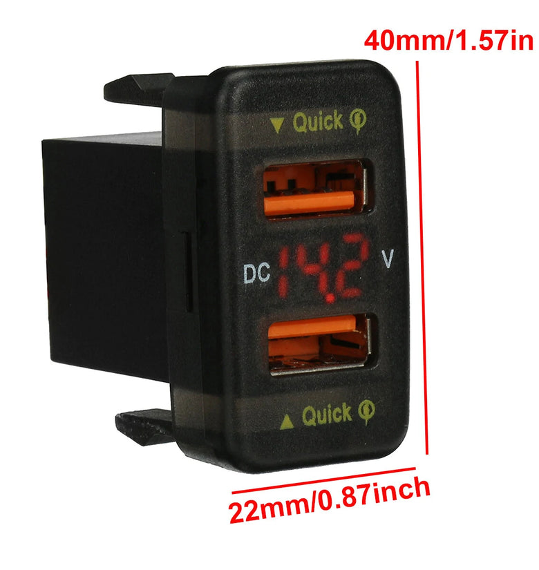 Dual USB QC Car Charger Socket Power Adapter With 12-24V Voltmeter LED Car Accessories 40mm*22mm For Toyota Quick Charge For Mobile Phone