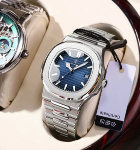 POEDAGAR Classic Business Men Watch Waterproof Luminous Date Quartz Watch Fashion Steel Strap Square Thin Wristwatch for Male