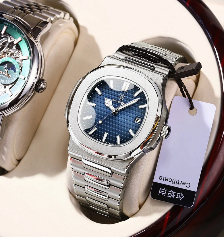 POEDAGAR Classic Business Men Watch Waterproof Luminous Date Quartz Watch Fashion Steel Strap Square Thin Wristwatch for Male