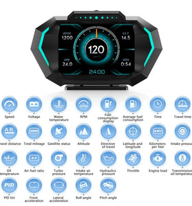Car Head Up Display OBD+GPS Speedometer with 5 Alarm Functions Tachometer Water Temp Fuel Consumption Slope Meter