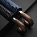 Automatic 10-Rib Wooden Curved Handle Automatic Umbrella 10K Automatic Folding Umbrella Rain Wind Resistant Umbrella Men Women UV Sun Protection Wooden Handle Umbrella