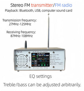 FM125 Stereo FM Transmitter Receiver Adjustable EQ Settings Bluetooth USB PC Sound Card 27MHz-125MHz Transmission 87MHz-108MHz Receiving