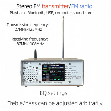 FM125 Stereo FM Transmitter Receiver Adjustable EQ Settings Bluetooth USB PC Sound Card 27MHz-125MHz Transmission 87MHz-108MHz Receiving