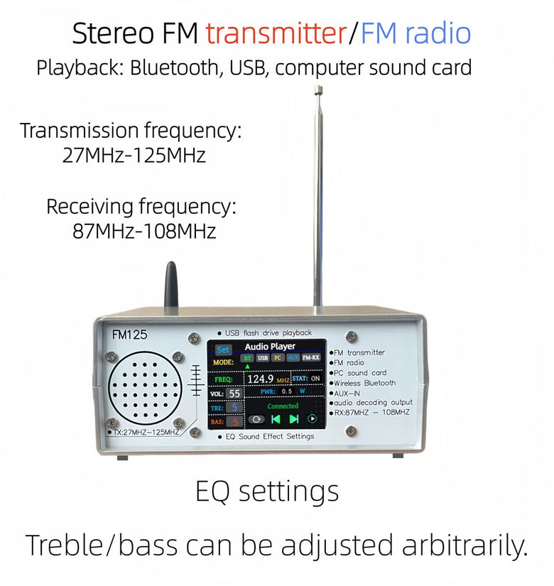 FM125 Stereo FM Transmitter Receiver Adjustable EQ Settings Bluetooth USB PC Sound Card 27MHz-125MHz Transmission 87MHz-108MHz Receiving