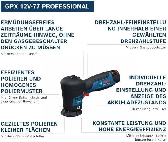 GPX 12V-77 Cordless Random Orbital Sander 12V Brushless Motor 77mm Sanding Disc Professional Sanding Tool Woodworking Auto Refinishing