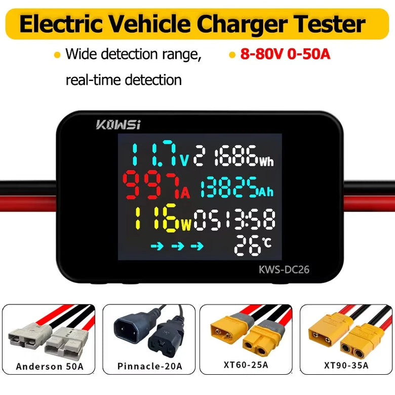 KEWEISI KWS-DC26 Battery Charger Tester Power Meter Voltmeter Ammeter DC 8-80V 50A LCD Screen Overvoltage Overcurrent Warning XT60 XT90 Anderson Connector Solar Electric Vehicle Motorcycle
