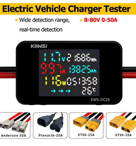 KEWEISI KWS-DC26 Battery Charger Tester Power Meter Voltmeter Ammeter DC 8-80V 50A LCD Screen Overvoltage Overcurrent Warning XT60 XT90 Anderson Connector Solar Electric Vehicle Motorcycle