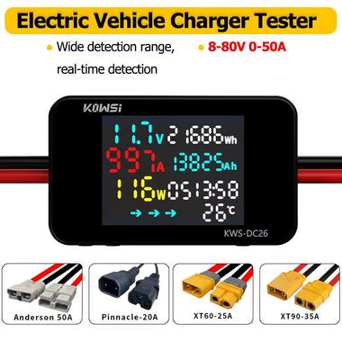 KEWEISI KWS-DC26 Battery Charger Tester Power Meter Voltmeter Ammeter DC 8-80V 50A LCD Screen Overvoltage Overcurrent Warning XT60 XT90 Anderson Connector Solar Electric Vehicle Motorcycle