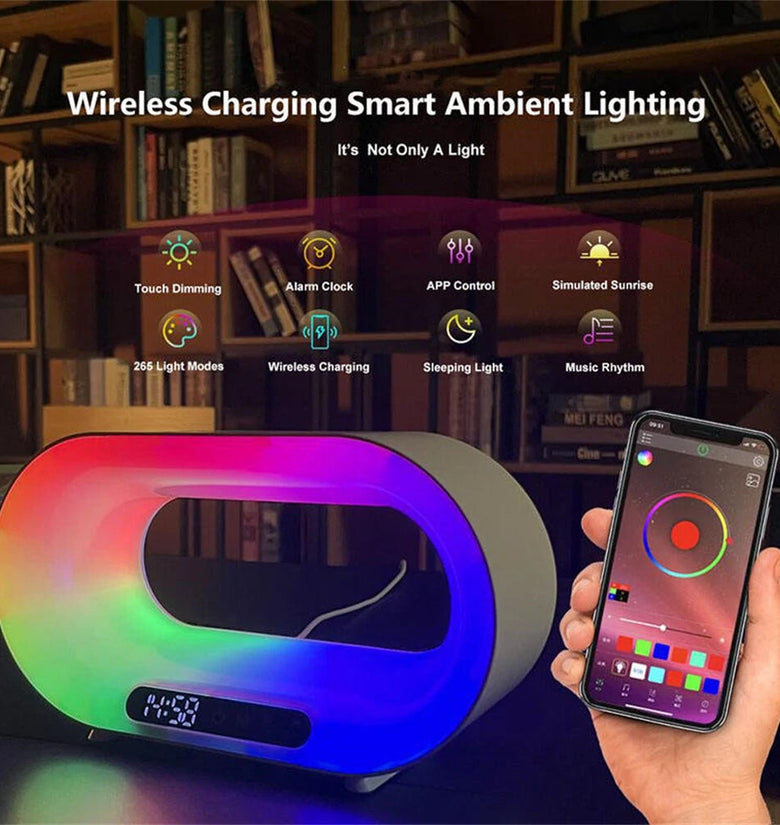 Multi-function 3 In 1 LED Night Light APP Control RGB Atmosphere Desk Lamp Smart Multifunctional Wireless Charger Alarm Clock